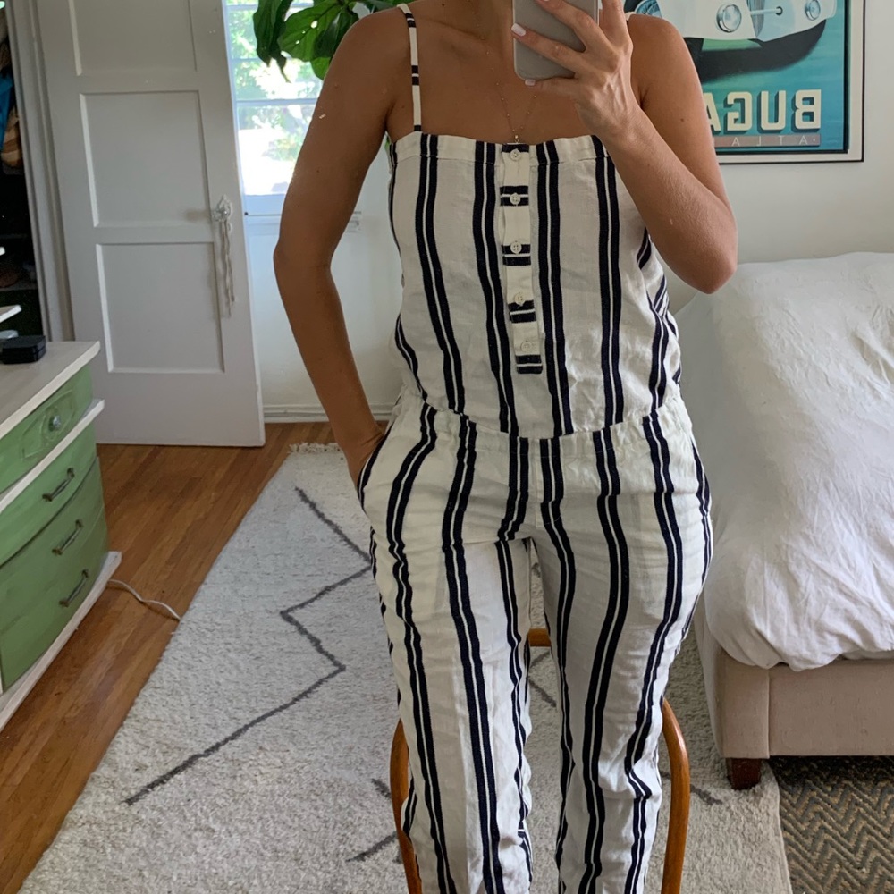Ann Taylor Loft White and Navy striped jumpsuit ☀️